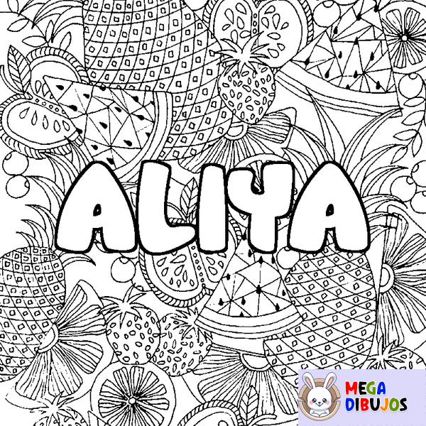 Coloraci&oacute;n del nombre ALIYA - decorado mandala de frutas