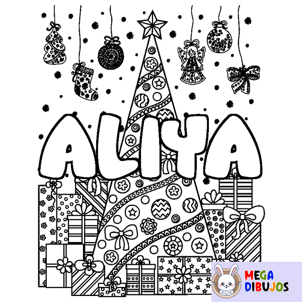 Coloraci&oacute;n del nombre ALIYA - decorado &aacute;rbol de Navidad y regalos