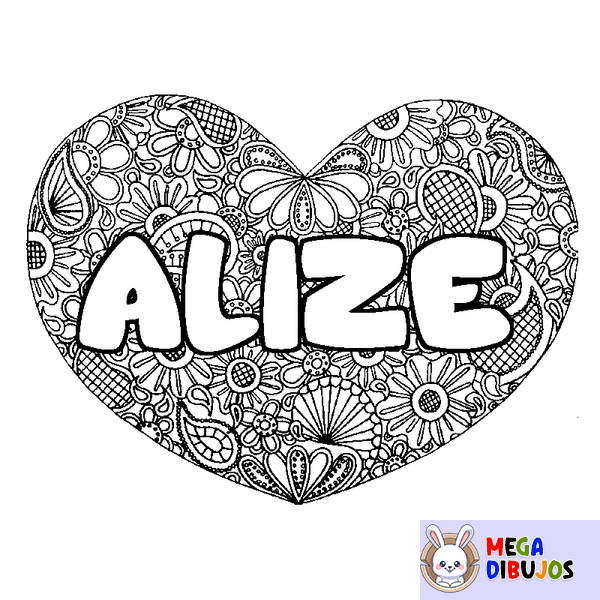 Coloraci&oacute;n del nombre ALIZE - decorado mandala de coraz&oacute;n