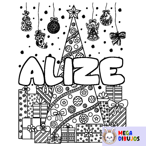 Coloraci&oacute;n del nombre ALIZE - decorado &aacute;rbol de Navidad y regalos