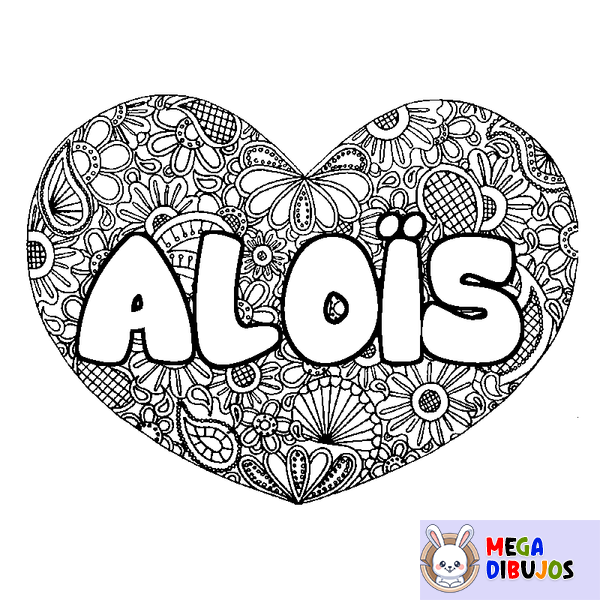 Coloraci&oacute;n del nombre ALO&Iuml;S - decorado mandala de coraz&oacute;n