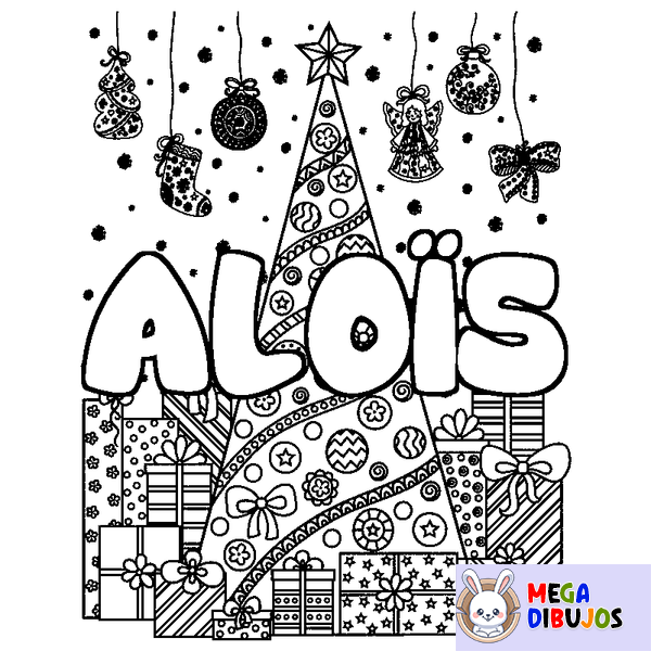 Coloraci&oacute;n del nombre ALO&Iuml;S - decorado &aacute;rbol de Navidad y regalos