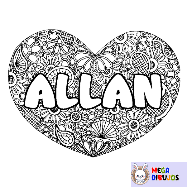Coloraci&oacute;n del nombre ALLAN - decorado mandala de coraz&oacute;n