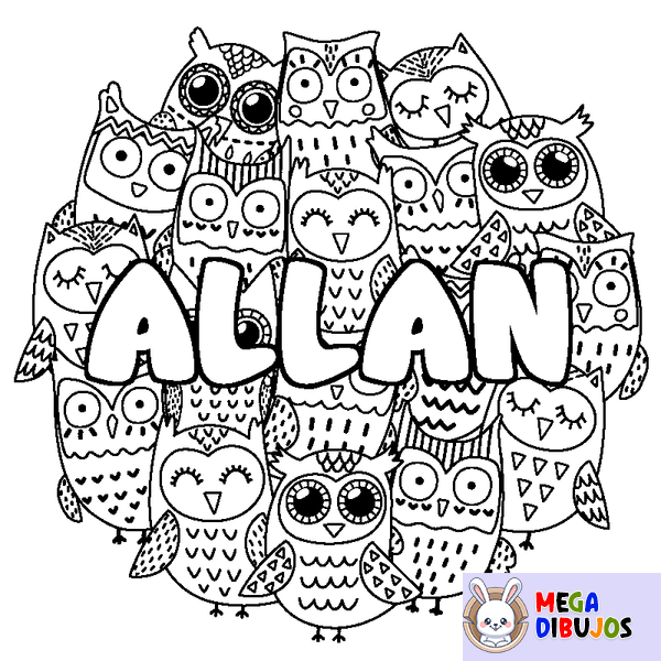 Coloraci&oacute;n del nombre ALLAN - decorado b&uacute;hos