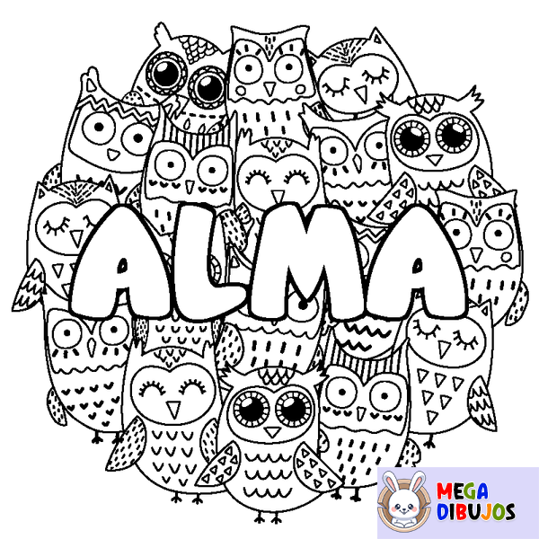 Coloraci&oacute;n del nombre ALMA - decorado b&uacute;hos