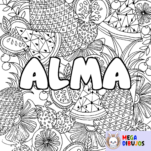 Coloraci&oacute;n del nombre ALMA - decorado mandala de frutas