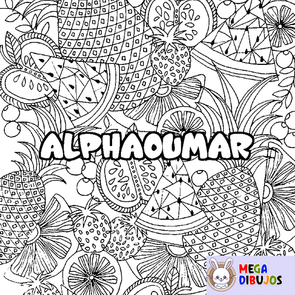 Coloraci&oacute;n del nombre ALPHAOUMAR - decorado mandala de frutas