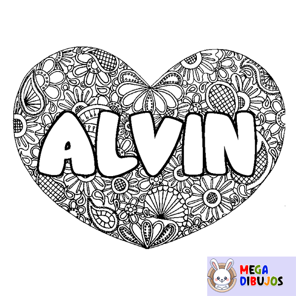 Coloraci&oacute;n del nombre ALVIN - decorado mandala de coraz&oacute;n
