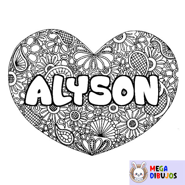 Coloraci&oacute;n del nombre ALYSON - decorado mandala de coraz&oacute;n