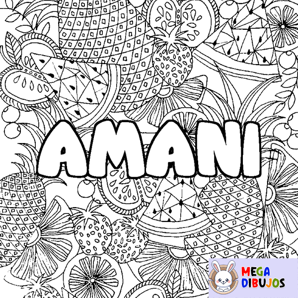 Coloraci&oacute;n del nombre AMANI - decorado mandala de frutas