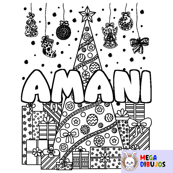 Coloraci&oacute;n del nombre AMANI - decorado &aacute;rbol de Navidad y regalos