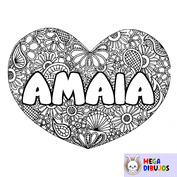 Coloraci&oacute;n del nombre AMAIA - decorado mandala de coraz&oacute;n
