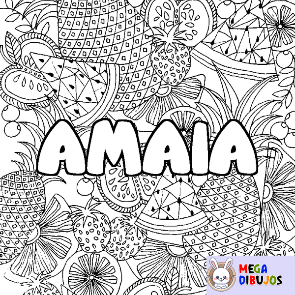 Coloraci&oacute;n del nombre AMAIA - decorado mandala de frutas