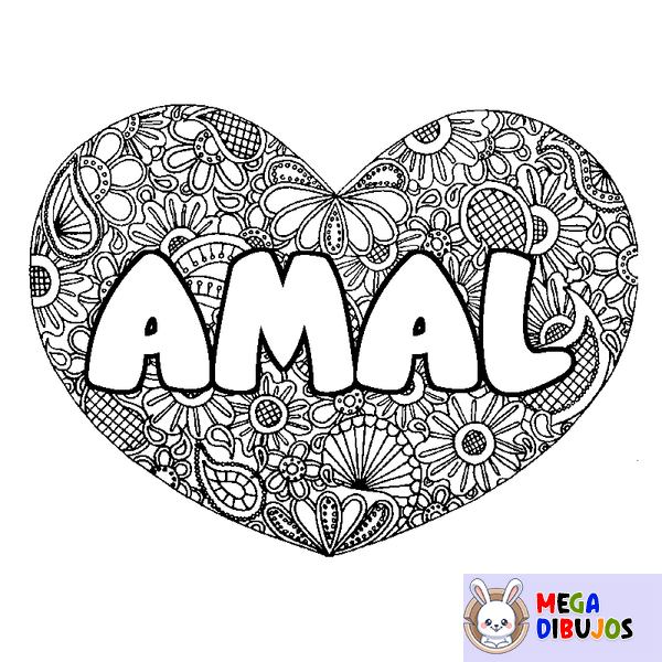 Coloraci&oacute;n del nombre AMAL - decorado mandala de coraz&oacute;n