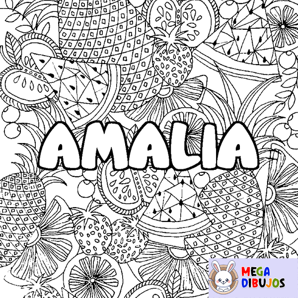 Coloraci&oacute;n del nombre AMALIA - decorado mandala de frutas