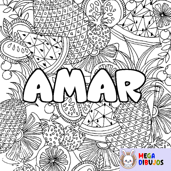 Coloraci&oacute;n del nombre AMAR - decorado mandala de frutas