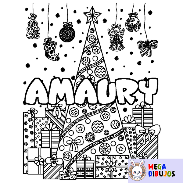 Coloraci&oacute;n del nombre AMAURY - decorado &aacute;rbol de Navidad y regalos