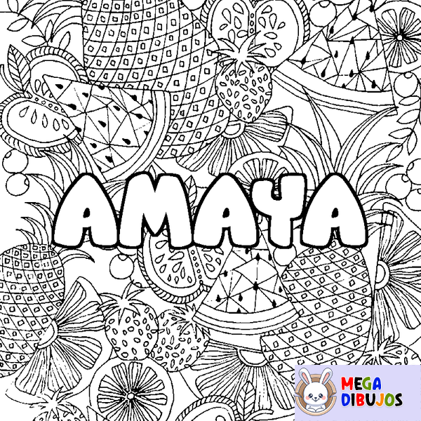 Coloraci&oacute;n del nombre AMAYA - decorado mandala de frutas