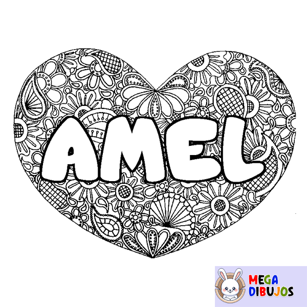 Coloraci&oacute;n del nombre AMEL - decorado mandala de coraz&oacute;n