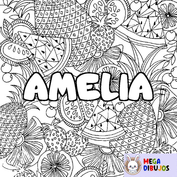 Coloraci&oacute;n del nombre AMELIA - decorado mandala de frutas