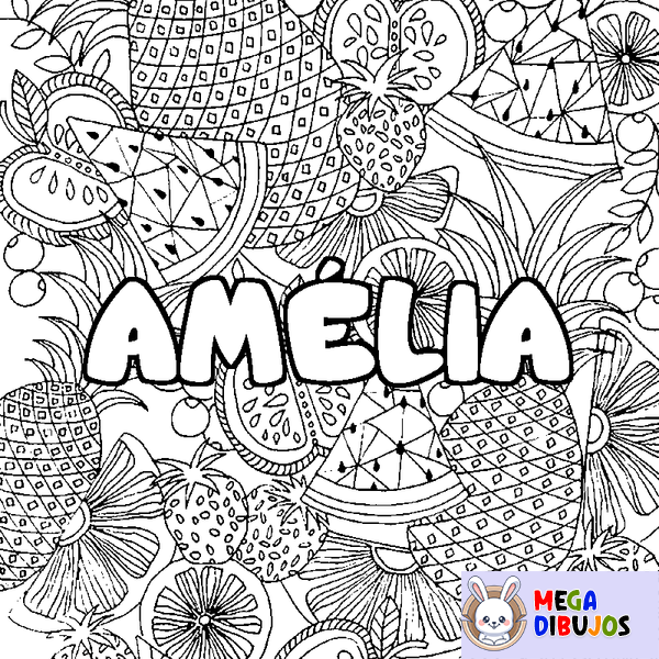 Coloraci&oacute;n del nombre AM&Eacute;LIA - decorado mandala de frutas