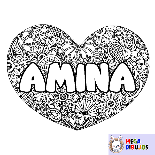 Coloraci&oacute;n del nombre AMINA - decorado mandala de coraz&oacute;n