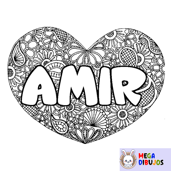Coloraci&oacute;n del nombre AMIR - decorado mandala de coraz&oacute;n