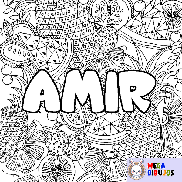 Coloraci&oacute;n del nombre AMIR - decorado mandala de frutas