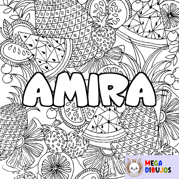 Coloraci&oacute;n del nombre AMIRA - decorado mandala de frutas