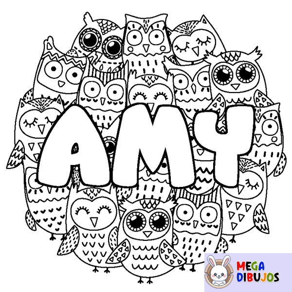 Coloraci&oacute;n del nombre AMY - decorado b&uacute;hos