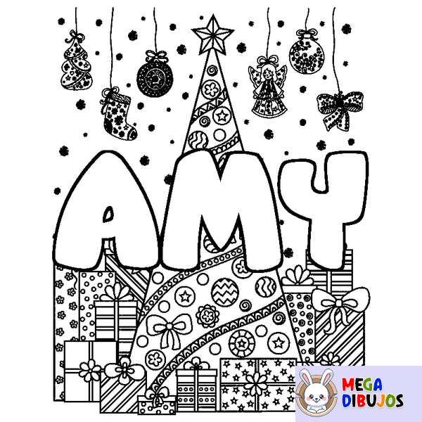 Coloraci&oacute;n del nombre AMY - decorado &aacute;rbol de Navidad y regalos