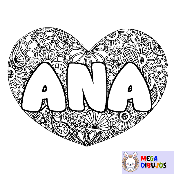 Coloraci&oacute;n del nombre ANA - decorado mandala de coraz&oacute;n