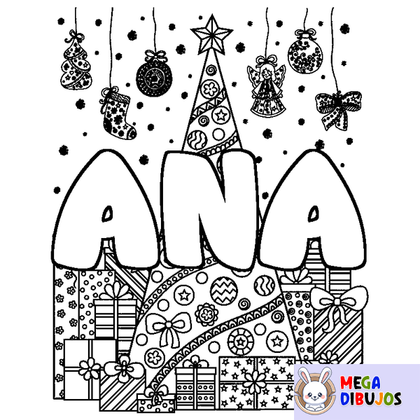 Coloraci&oacute;n del nombre ANA - decorado &aacute;rbol de Navidad y regalos
