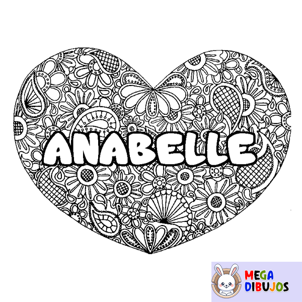 Coloraci&oacute;n del nombre ANABELLE - decorado mandala de coraz&oacute;n