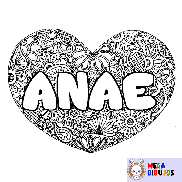 Coloraci&oacute;n del nombre ANAE - decorado mandala de coraz&oacute;n
