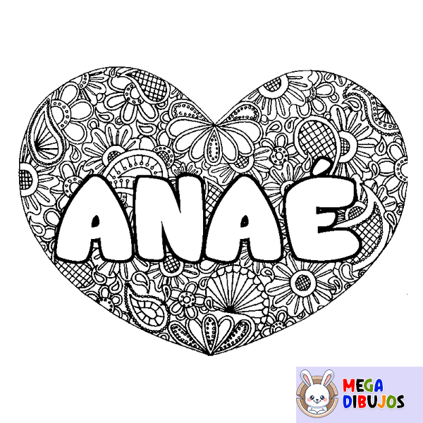 Coloraci&oacute;n del nombre ANA&Eacute; - decorado mandala de coraz&oacute;n