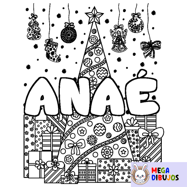 Coloraci&oacute;n del nombre ANA&Eacute; - decorado &aacute;rbol de Navidad y regalos
