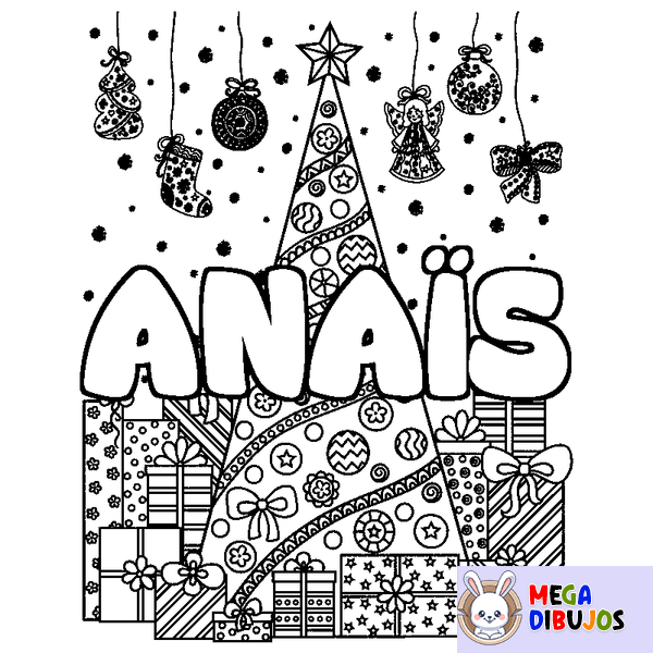 Coloraci&oacute;n del nombre ANA&Iuml;S - decorado &aacute;rbol de Navidad y regalos