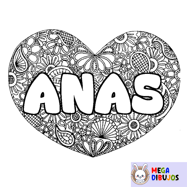 Coloraci&oacute;n del nombre ANAS - decorado mandala de coraz&oacute;n