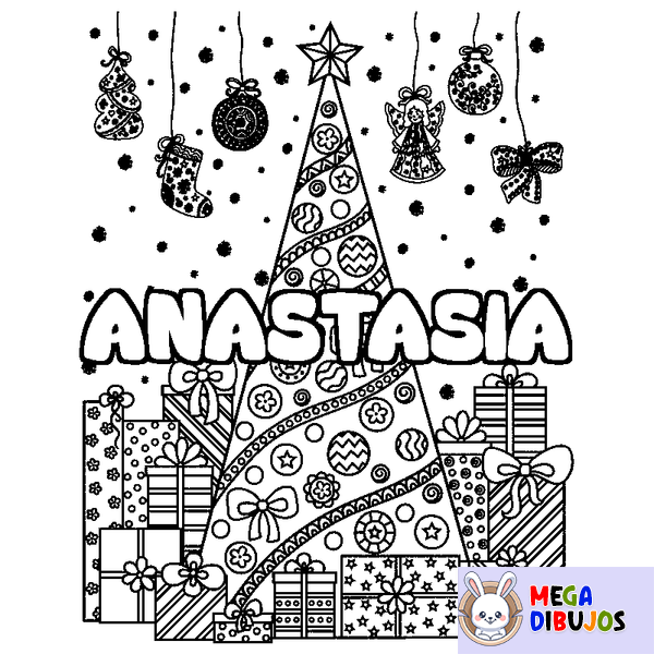 Coloraci&oacute;n del nombre ANASTASIA - decorado &aacute;rbol de Navidad y regalos