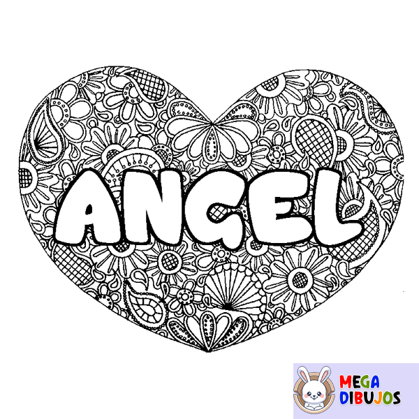 Coloraci&oacute;n del nombre ANGEL - decorado mandala de coraz&oacute;n