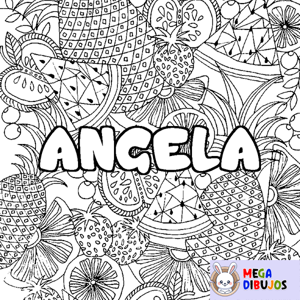 Coloraci&oacute;n del nombre ANGELA - decorado mandala de frutas