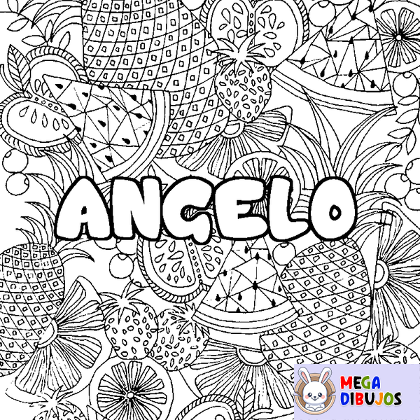 Coloraci&oacute;n del nombre ANGELO - decorado mandala de frutas