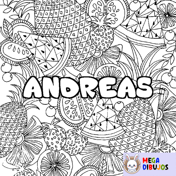 Coloraci&oacute;n del nombre ANDREAS - decorado mandala de frutas