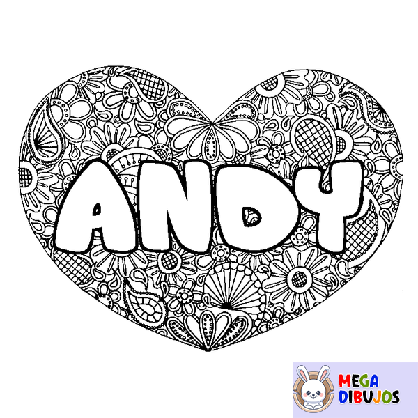 Coloraci&oacute;n del nombre ANDY - decorado mandala de coraz&oacute;n