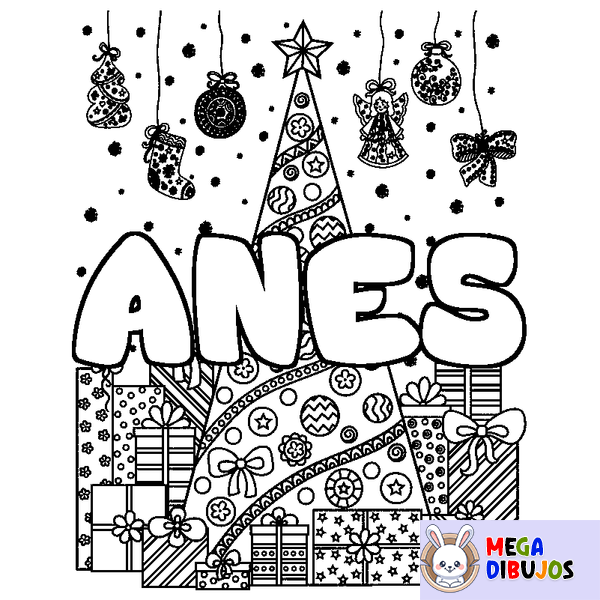 Coloraci&oacute;n del nombre ANES - decorado &aacute;rbol de Navidad y regalos