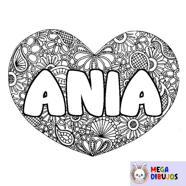 Coloraci&oacute;n del nombre ANIA - decorado mandala de coraz&oacute;n