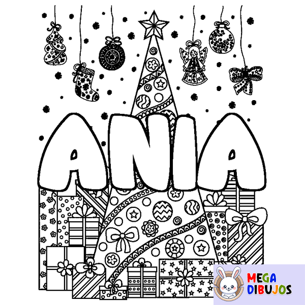 Coloraci&oacute;n del nombre ANIA - decorado &aacute;rbol de Navidad y regalos