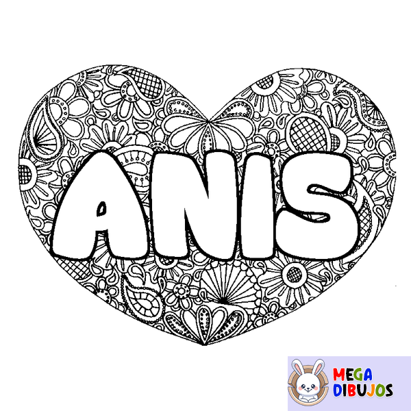 Coloraci&oacute;n del nombre ANIS - decorado mandala de coraz&oacute;n