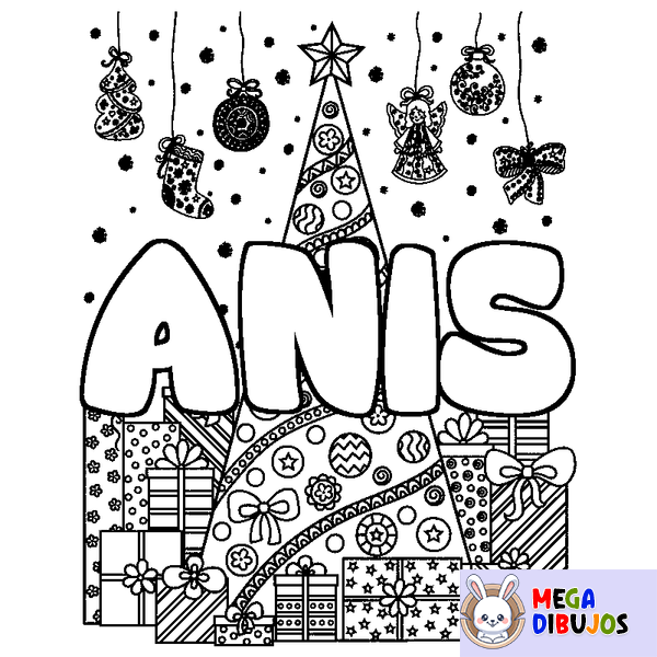 Coloraci&oacute;n del nombre ANIS - decorado &aacute;rbol de Navidad y regalos